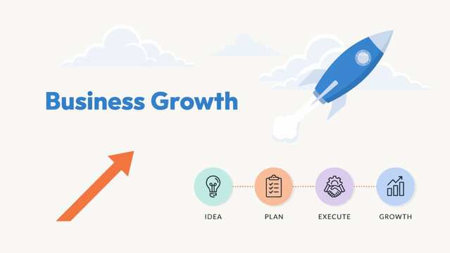 A blue rocket ship ascends amidst clouds and business growth icons spaceship launch ascent strategy planning execution development progress