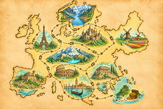 Europe Travel Map, Hand Drawn Colored Pencil Illustration