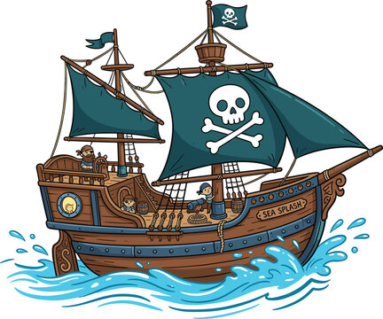 Cute cartoon wooden pirate ship named Sea Splash sailing on water waves with black skull sails graphic vector
