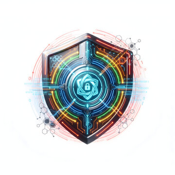 Futuristic digital security shield with glowing padlock and neon cyber circuit patterns
