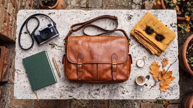 Flat lay of vintage leather messenger bag with camera and travel accessories