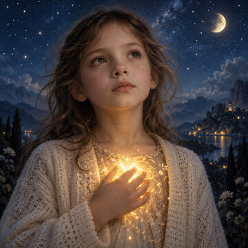 Young girl holding glowing light, childhood hope and emotional wellbeing concept at night