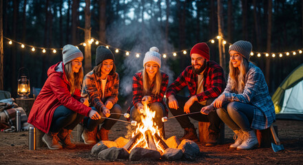 Fototapeta premium Friends Roasting Marshmallows Around Campfire at Night Near Tent
