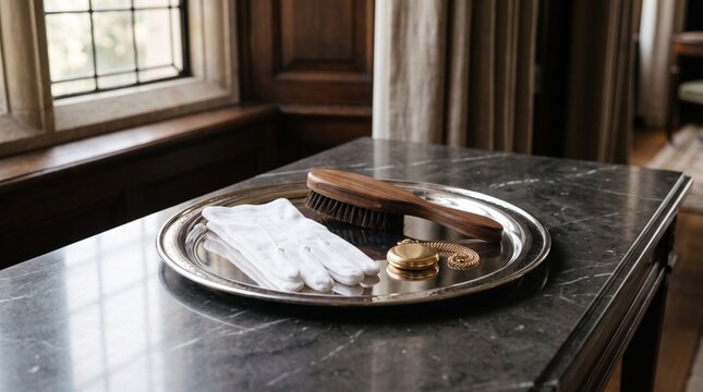 Silver service tray holding white cotton gloves, clothes brush, and gold pocket watch on marble console table, depicting luxury butler essentials and hospitality heritage