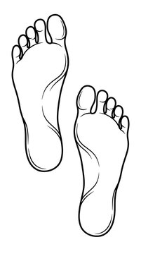 Black and white line art vector illustration of a pair of human feet soles, barefoot footprint silhouettes, anatomy and reflexology concept isolated on white background