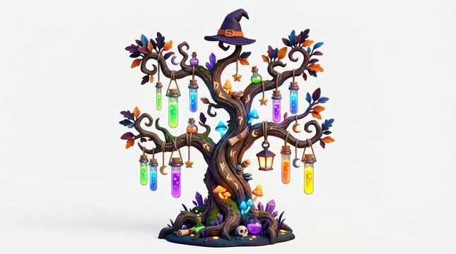 Mystical magical Halloween tree with glowing potion bottles, autumn leaves, and a witch hat, perfect for fantasy decoration and seasonal holiday art