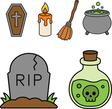 Colorful Halloween Witchcraft and Spooky Icons Minimal Vector Set
