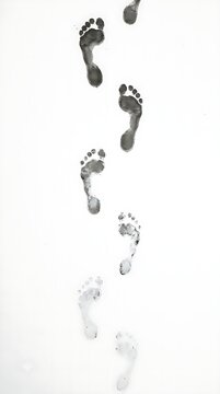Wet human footprints walking forward on a white surface, fading gradually