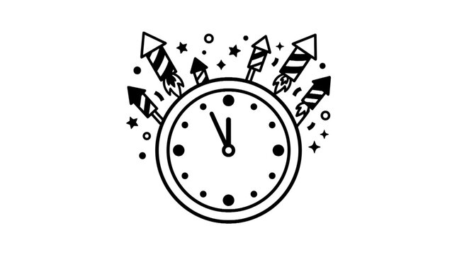 New Year's Eve countdown clock with fireworks illustration