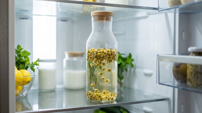 Glass carafe with cork stopper filled with steeping dried chamomile flowers inside brightly lit refrigerator shelf, depicting cold brew herbal tea preparation