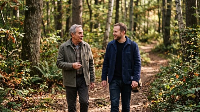 Two mature men walking and conversing in a serene autumn forest under natural daylight
