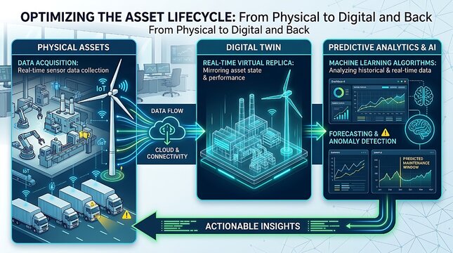 The process shows physical assets connected to a digital twin with predictive analytics f