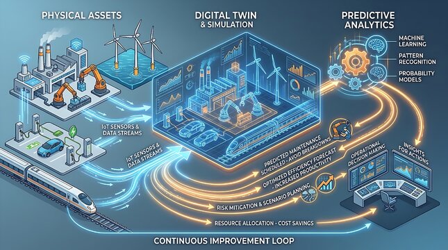 The process shows physical assets connected to a digital twin with predictive analytics f