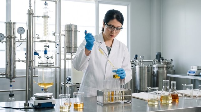 Female chemical engineer wearing lab coat and safety goggles using pipette to extract yellow liquid sample in industrial research laboratory, depicting quality control testing