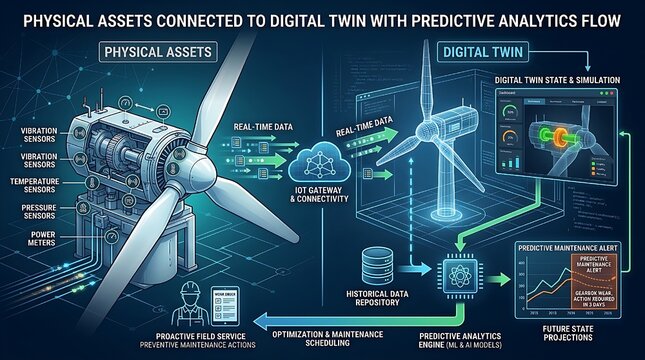 The process shows physical assets connected to a digital twin with predictive analytics f