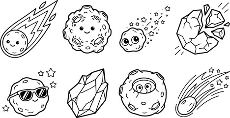 Cute Asteroid Meteorite Comet Space Rocks Crystal and Kawaii Celestial Astronomy Line Art Vector Icon Set © monira