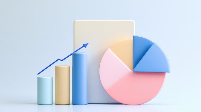 Data analysis concept, layered charts with pie graph and upward trend line, modern pastel colors, 3D illustration. 