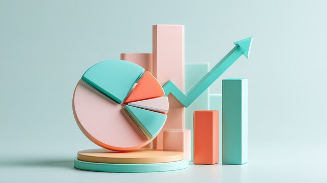 Data analysis concept, layered charts with pie graph and upward trend line, modern pastel colors, 3D illustration. 