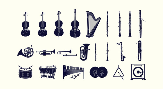 Set of classic orchestra musical instruments silhouettes isolated on white background vector