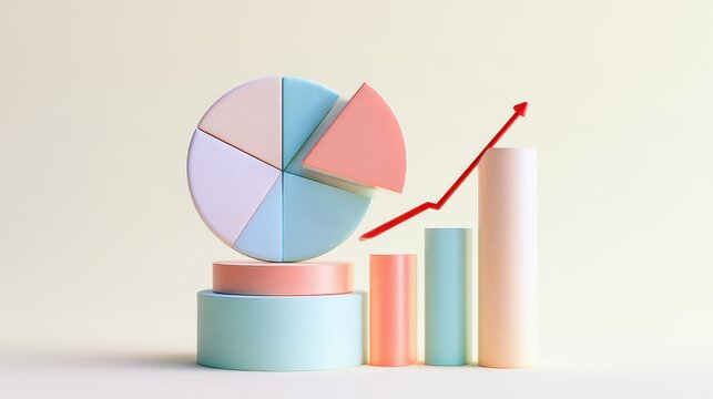 Data analysis concept, layered charts with pie graph and upward trend line, modern pastel colors, 3D illustration. 