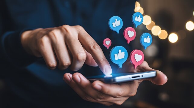 Person using smartphone with social media engagement icons and digital interaction symbols
