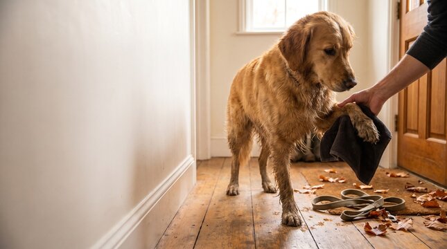 Golden retriever getting its paw wiped after playing outside  