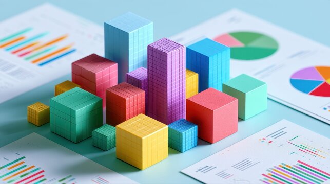 Data driven business concept, colorful statistical blocks arranged around analytics reports, minimal 3D illustration. 