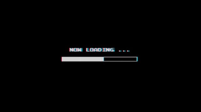Glitch effect now loading screen text with retro pixel progress bar