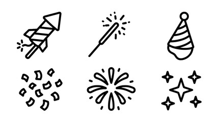 Fototapeta premium Party Icons: Fireworks, Sparkler, Party Hat, Confetti, Stars, Celebration Set