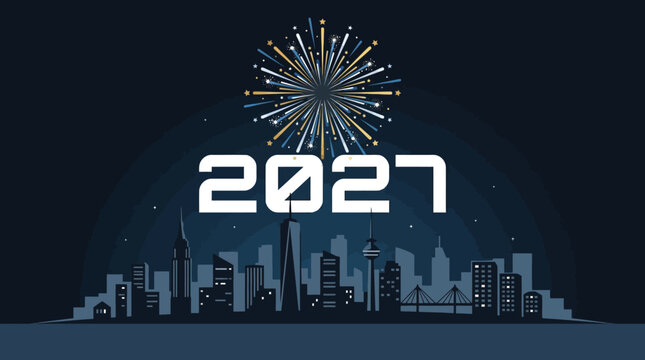 Happy New Year 2027 celebration with golden fireworks over a dark blue city skyline silhouette.