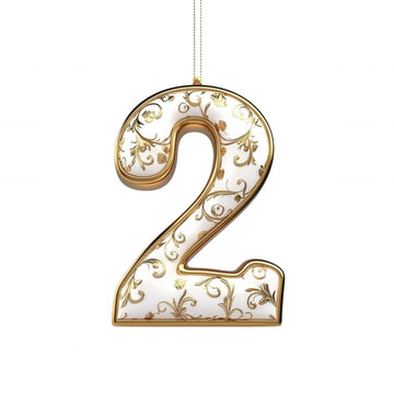 Golden number two ornament hanging ornate decorative numeral for anniversary birthday or festive celebration