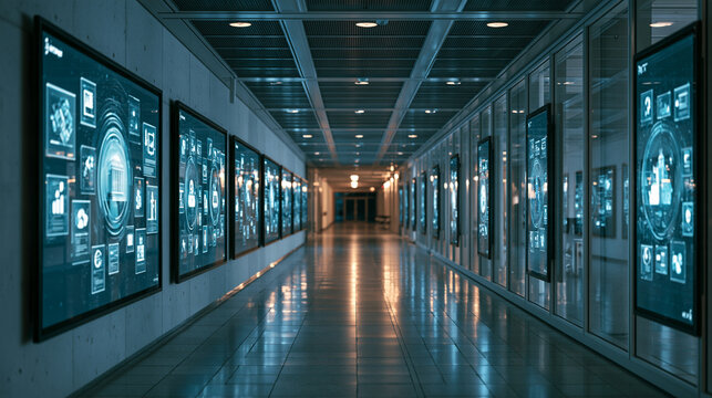 Long modern hallway lined with digital display screens on both sides, glossy reflective floor, and cool blue ceiling lights, symmetrical perspective for technology and futuristic architecture ideas