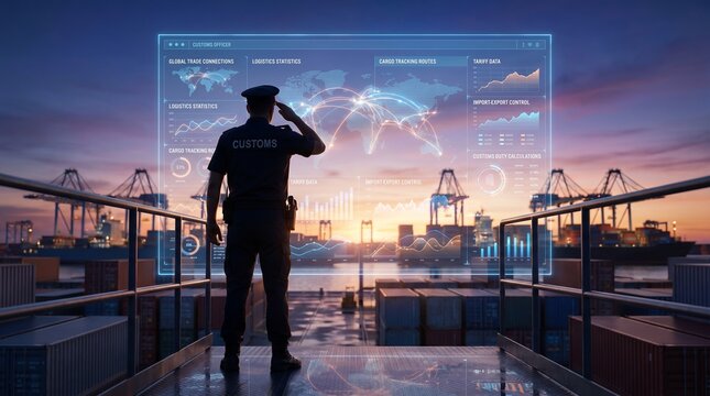 Customs officer monitoring a busy container port through a digital analytics interface showing abstract tariff, cargo tracking, logistics and global trade information.
