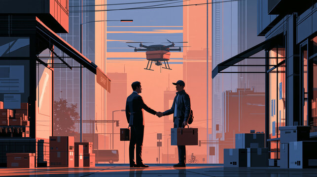Two Businessmen Shaking Hands with Delivery Drone Flying in Background at City Sunset, Digital Illustration of Modern Technology Partnership and Logistics Innovation Concept