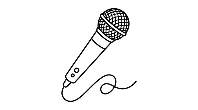 Minimalist black outline vector illustration of a professional handheld dynamic microphone with a coiled cord