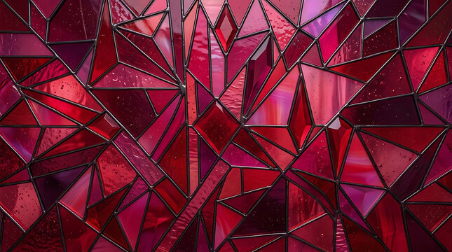 Abstract red geometric pattern with stained glass style and dark triangular shapes