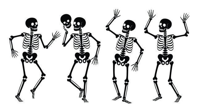 Halloween human skeleton set vector illustration black silhouette dancing bones character design isolated on white background for spooky holiday theme