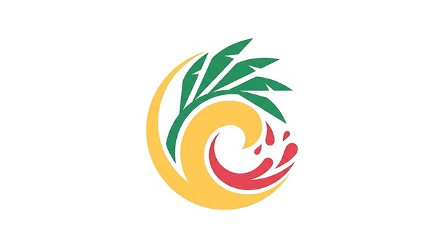 Abstract tropical logo design featuring a stylized yellow ocean wave splashing with red water drops and a green palm tree leaf graphic element for summer vacation and beach travel branding