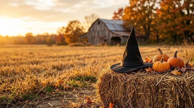 Black witch hat resting on hay bale beside pumpkins at sunset