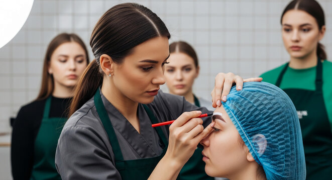 Beauty professional applying makeup to a client's eyebrow, symbolizing precision and transformation in cosmetic services