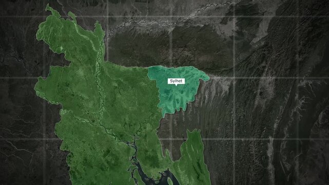 Sylhet Division Highlight on Bangladesh Satellite Map Animation