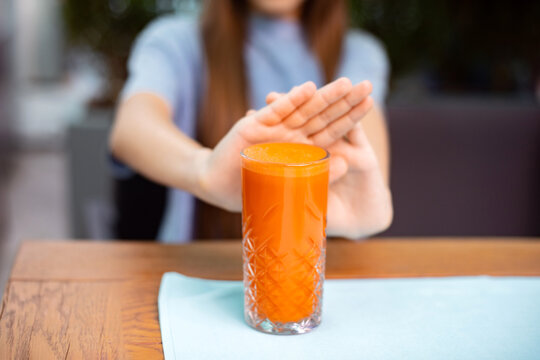 don't want drink carrot fresh hands making stop sign gesture
