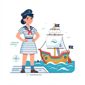 Female sailor character with ship illustration