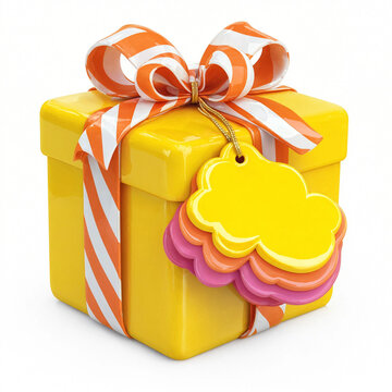 A shiny yellow gift box with orange and white striped ribbon and cloud shaped price tags