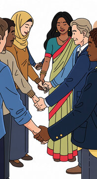 Diverse group of people holding hands, symbolizing unity, cooperation, and global connection. Representative of diversity and inclusion.