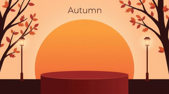 Autumn scene with a pedestal for product presentation in warm colors
