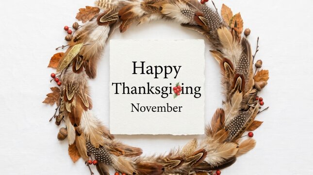 Autumn wreath with text happy thanksgiving november on a white background