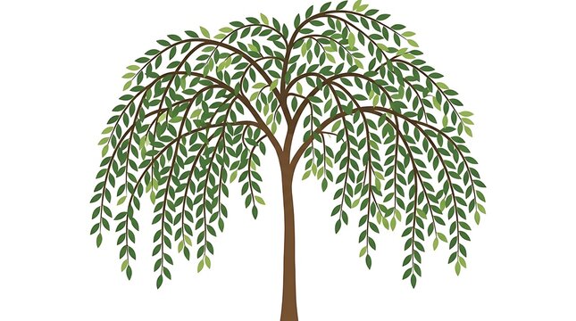 Beautiful green willow tree illustration with long hanging branches and leaves