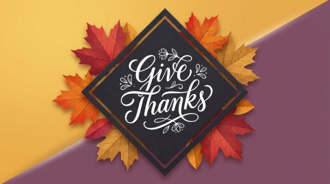 Give thanks lettering with colorful autumn leaves on a split background