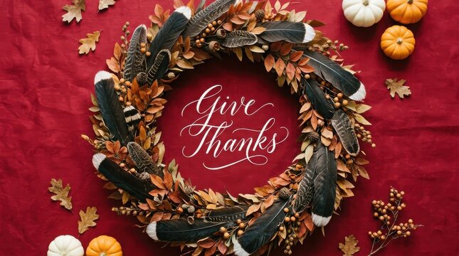 Autumn wreath with calligraphy and seasonal fruits on a red background